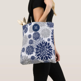 Navy Blue Gray Floral Monogram Tote Bag