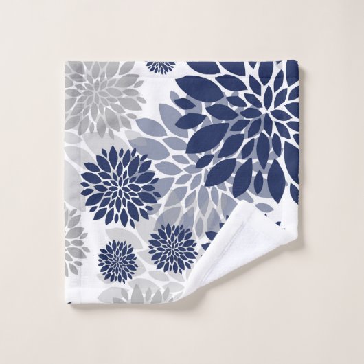 Navy Blue Gray Flower Pattern Bad Handdoek (Wasdoekje)