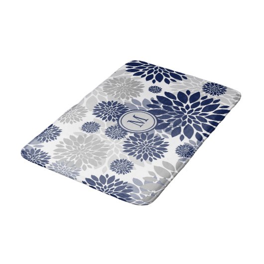 Navy Blue Gray Flower Pattern Badmat (Gekanteld)