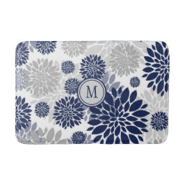 Navy Blue Gray Flower Pattern Badmat