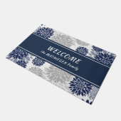 Navy Blue Gray Flower Pattern Deurmat (Schuin)