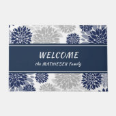 Navy Blue Gray Flower Pattern Deurmat (Voorkant)