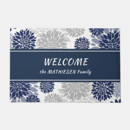 Navy Blue Gray Flower Pattern Deurmat
