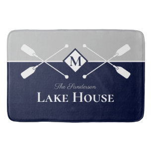 Navy Blue Gray Monogram Paddle Lake House Badmat