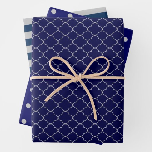 Navy Blue Gray Patterned Wrapping Paper Sheets (In situ)