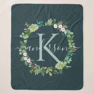 NAVY BLUE GRAY WREATH FOLIAGE WATERVERF MONOGRAM SHERPA DEKEN