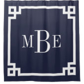 Navy Blue Greek Key Border Monogram Douchegordijn (Voorkant)