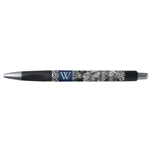 Navy Blue Greek Key en Monogram Photo Collage Pen (Voorkant)