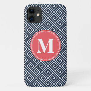 Navy Blue Greek Key Pattern Watermelon Monogram iPhone 11 Hoesje