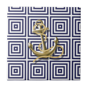 Navy Blue greek patroon preppy nautical Anchor Tegeltje
