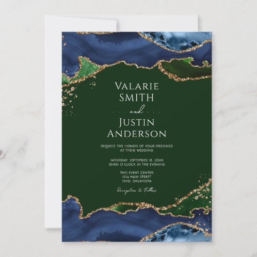 Navy Blue & Green Agate Wedding Kaart (Voorkant)