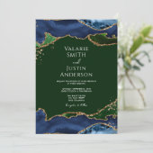 Navy Blue & Green Agate Wedding Kaart (Staand voorkant)