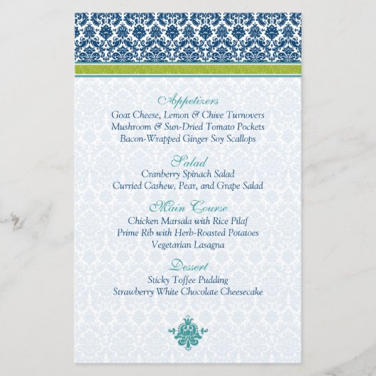 Navy Blue Green Blauwgroen Damask Menu Kaart (Voorkant)