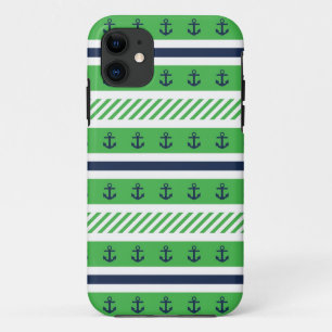 Navy Blue, Green en White Anchors Pattern iPhone 11 Hoesje