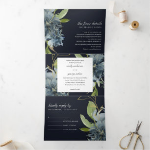 NAVY BLUE GREEN GOLD FLORAL WATERVERF WEDING DRIELUIK UITNODIGING