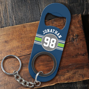 Navy blue Green Sports Jersey Stripes Name Number Mini Flessenopener
