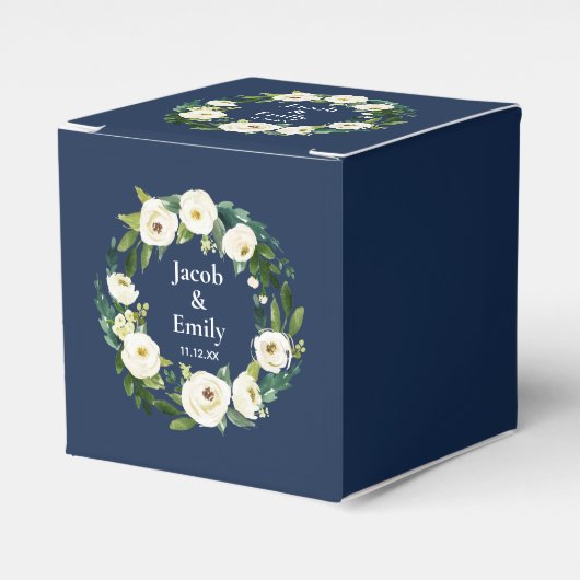 Navy Blue Greenery Gepersonaliseerde Namen Datum H Bedankdoosjes (Voorkant Zijde)