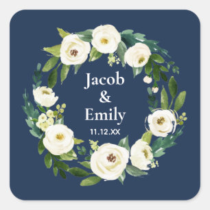 Navy Blue Greenery Gepersonaliseerde Namen Datum H Vierkante Sticker