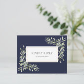 Navy Blue Greenery Wedding RSVP Briefkaart (Staand voorkant)