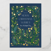 Navy Blue Greenery Wreath Merry Kerstmis Folie Feestdagenkaart (Voorkant)