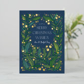 Navy Blue Greenery Wreath Merry Kerstmis Folie Feestdagenkaart (Staand Voorkant)