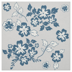 Navy Blue, Grey and White Floral Pattern Stof