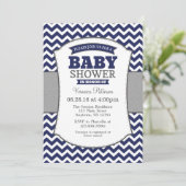 Navy Blue Grey Chevron Baby shower Uitnodiging (Staand voorkant)