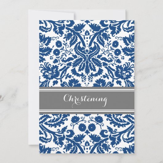 Navy Blue Grey Damask Christening Invitation (Devant)