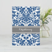 Navy Blue Grey Damask Christening Invitation (Debout devant)