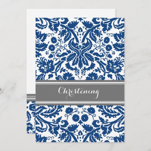 Navy Blue Grey Damask Christening Invitation (Devant / Derrière)