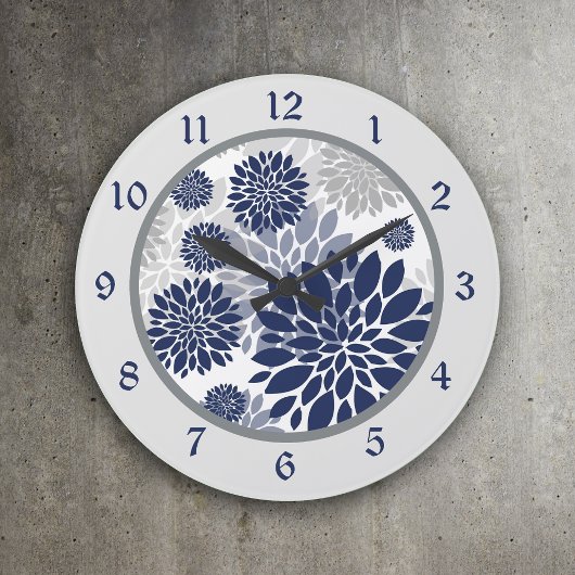Navy Blue Grey Flower Graphic Grote Klok