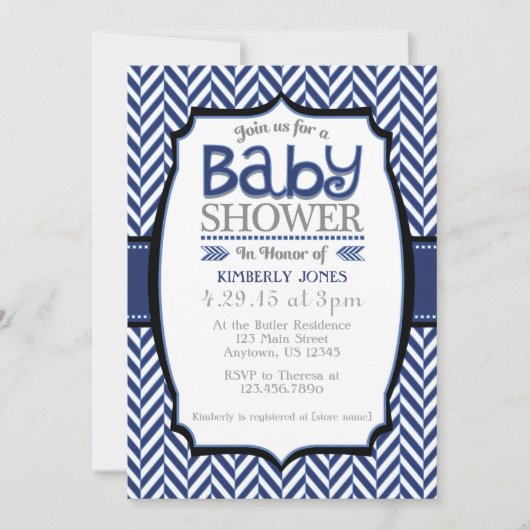 Navy Blue Grey Herringbone Baby Shower Uitnodiging (Voorkant)