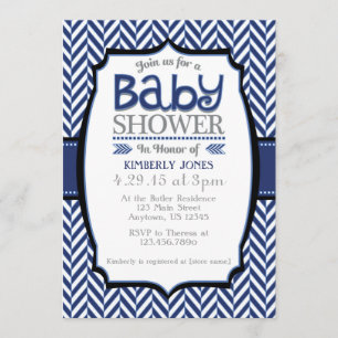 Navy Blue Grey Herringbone Baby Shower Uitnodiging