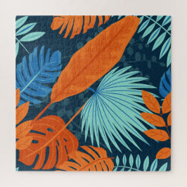 Navy Blue Grey Oranje waterverf Flower Pattern Legpuzzel