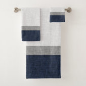 Navy Blue Grey White Stripe Crosshatch Bad Handdoek (Insitu)
