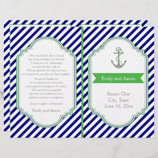 Navy blue, groen nautisch trouwprogramma (Voorkant / Achterkant)