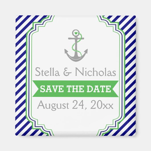 Navy blue, groene nautische bruiloft Save the Date Magneet (Voorkant)