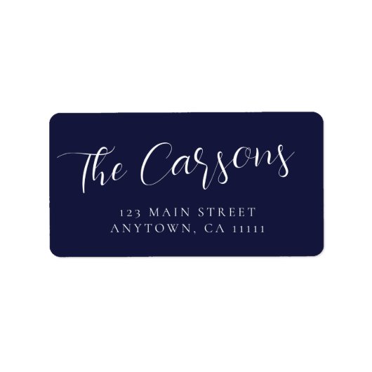 Navy Blue Groot Script Modern Retour Adres Label (Voorkant)
