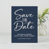 Navy Blue Hand Lettered Script Wedding Save The Date (Staand voorkant)