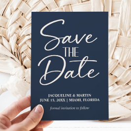 Navy Blue Hand Lettered Script Wedding Save The Date
