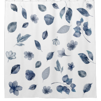 Navy Blue Hand Painted Waterverf Leaves Flowers Douchegordijn