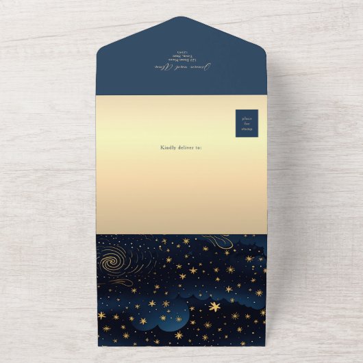 Navy Blue Hemelse Huwelijk All In One Uitnodiging (Buitenkant)