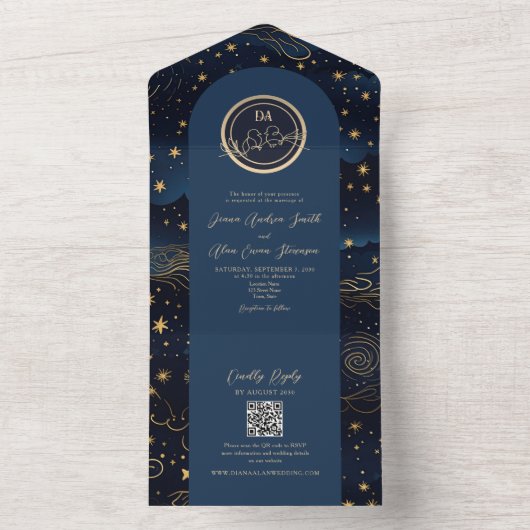 Navy Blue Hemelse Huwelijk All In One Uitnodiging (Binnen)