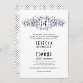 Navy blue heraldische krest met initialen bruiloft kaart (Voorkant / Achterkant)