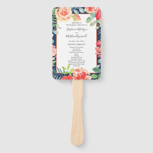 Navy Blue Herfst Floral bruiloft ceremonie program Handwaaier (Voorkant)