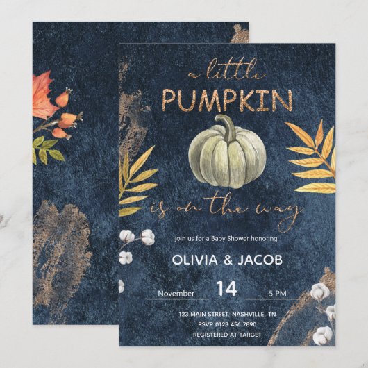 Navy Blue Herfst Pumpkin-Baby shower Kaart (Voorkant / Achterkant)