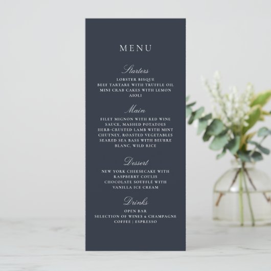 Navy Blue Herfst Winter Elegant Wedding Menu (Staand voorkant)