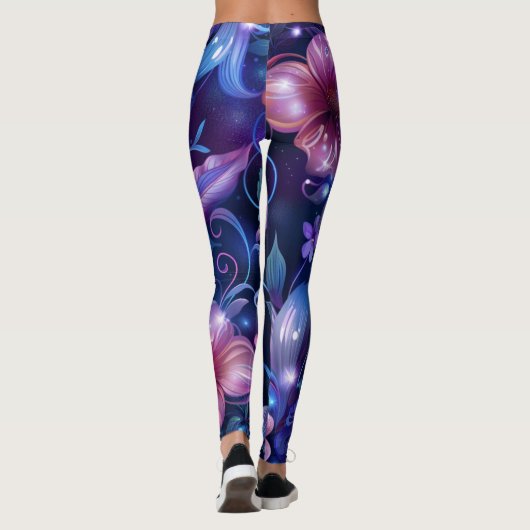 Navy Blue Hibiscus Bloemd Leggings (Achterkant)