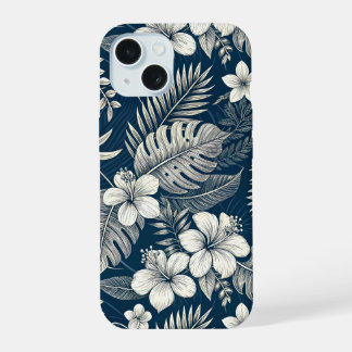 Navy Blue Hibiscus Monstera Tropical Botanical iPhone 15 Hoesje