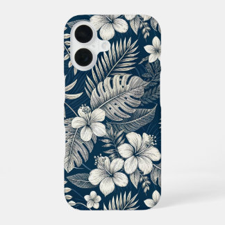 Navy Blue Hibiscus Monstera Tropical Botanical iPhone 16 Hoesje